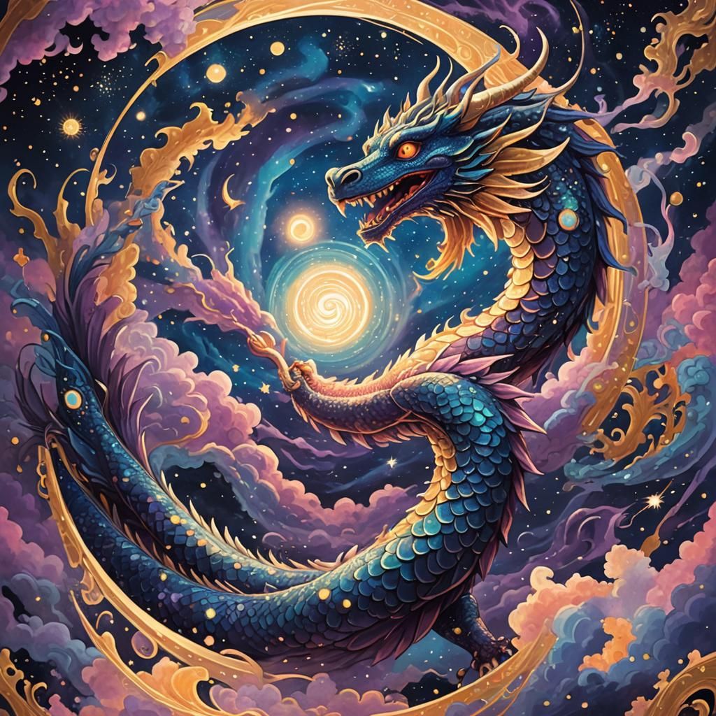 Haku the Spirit Dragon in Cosmic Folk Art Style