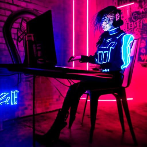 Cyber Goth Model in Neon Noir Coffee Shop