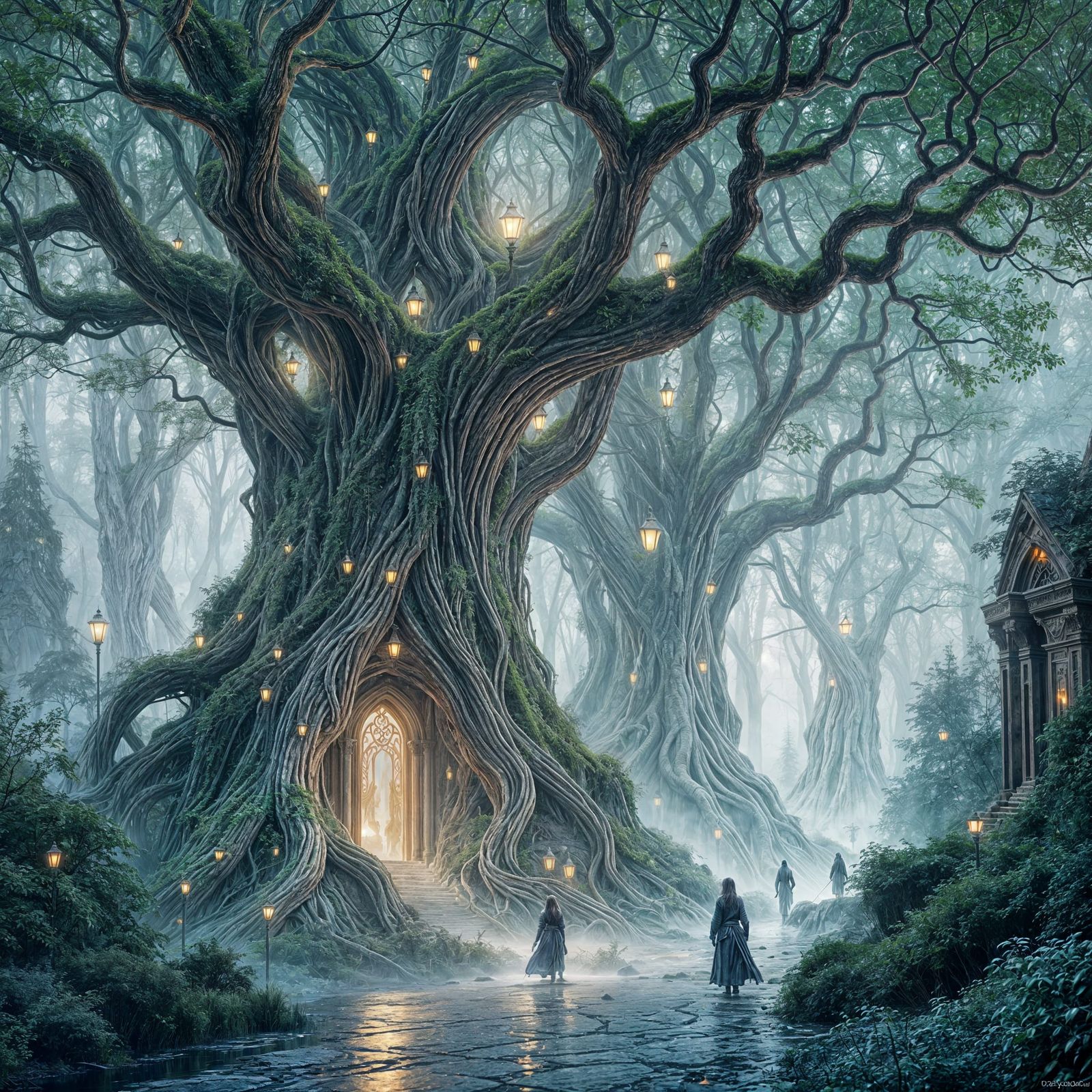 Elven City in Bioluminescent Trees, Art Nouveau Style