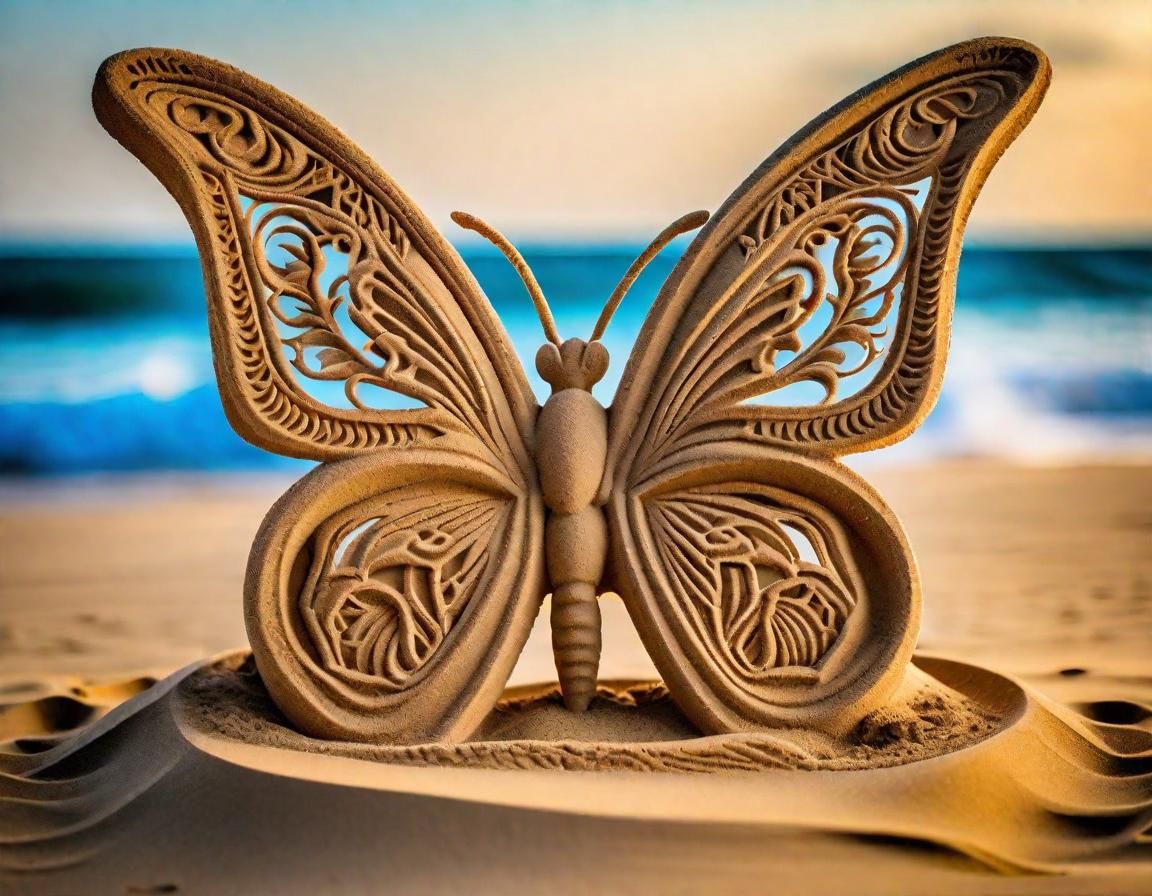 Intricate Sand Butterfly Sculpture on Beach
