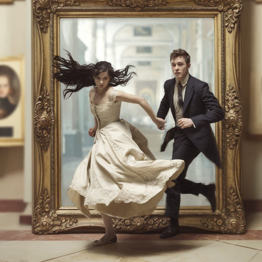 Young Couple Fleeing an Ornate Portrait in a Grand Hall