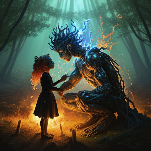 Elemental Figures Reach for Child in Surrealist Painting