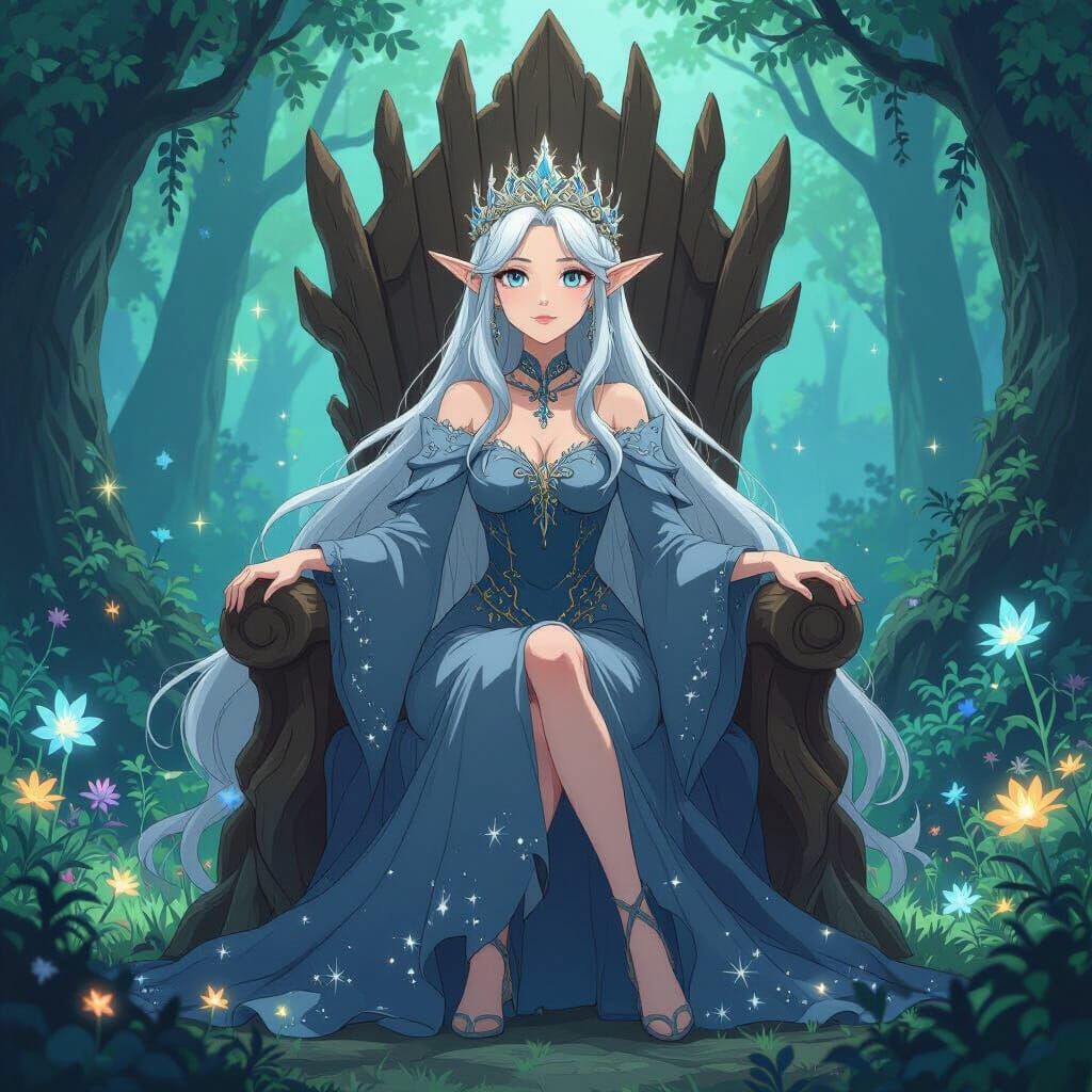 Anime Elf Queen on Throne in Ghibli Style