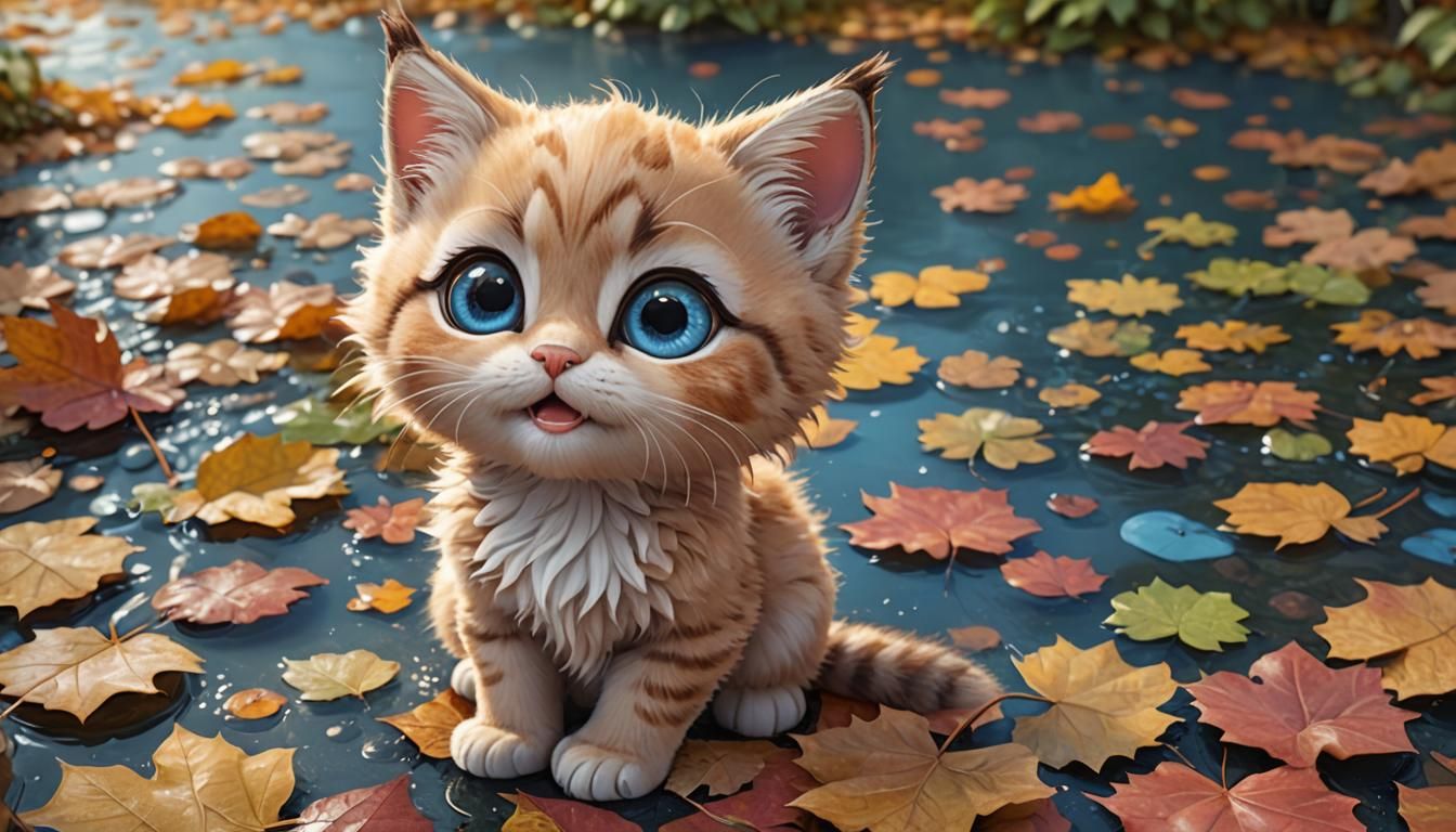 an adorable, fluffy cute ,3d ,pixar cartoon chibi kitten with big eyes and a friendly little smile, with leafs falling i...