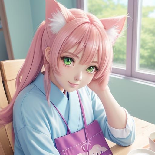 Cute Cat Girl in Anime Style with Pastel Colors