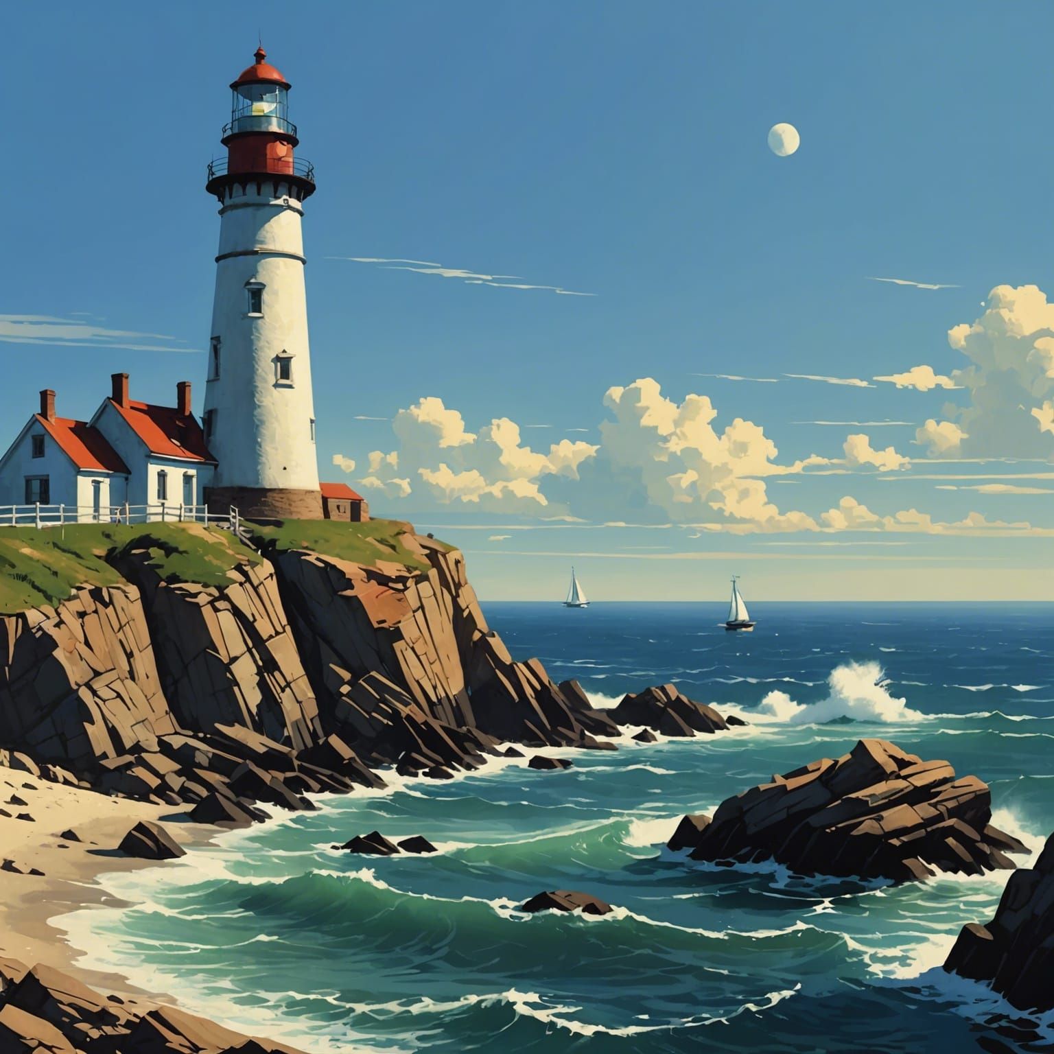 Majestic Lighthouse at Sea in Classic Art Style