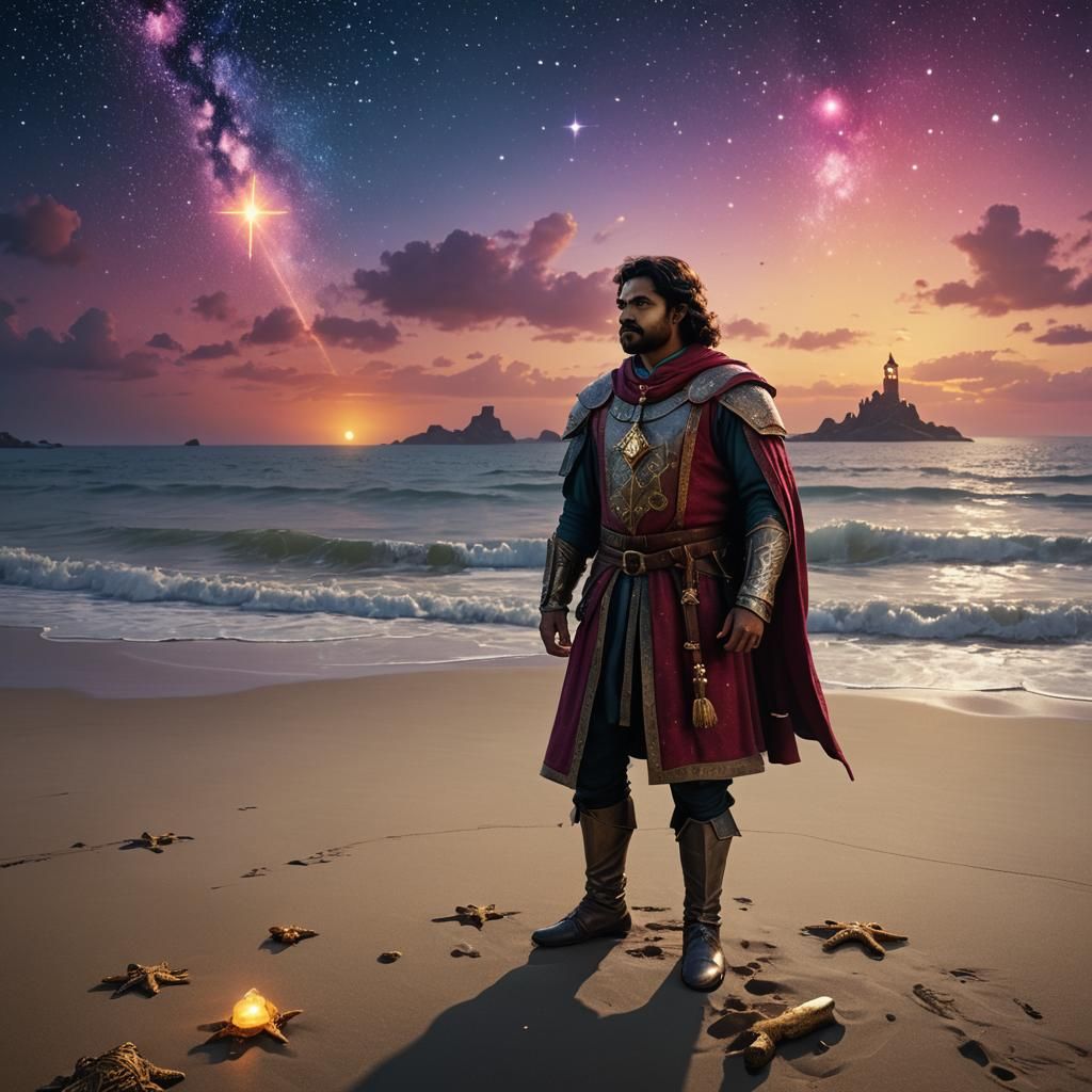 Medieval King on Dreamlike Beach: Digital Fantasy Art