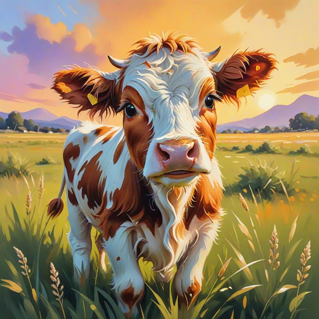 Adorable Shaggy Cow in Golden Light, Gouache Painting