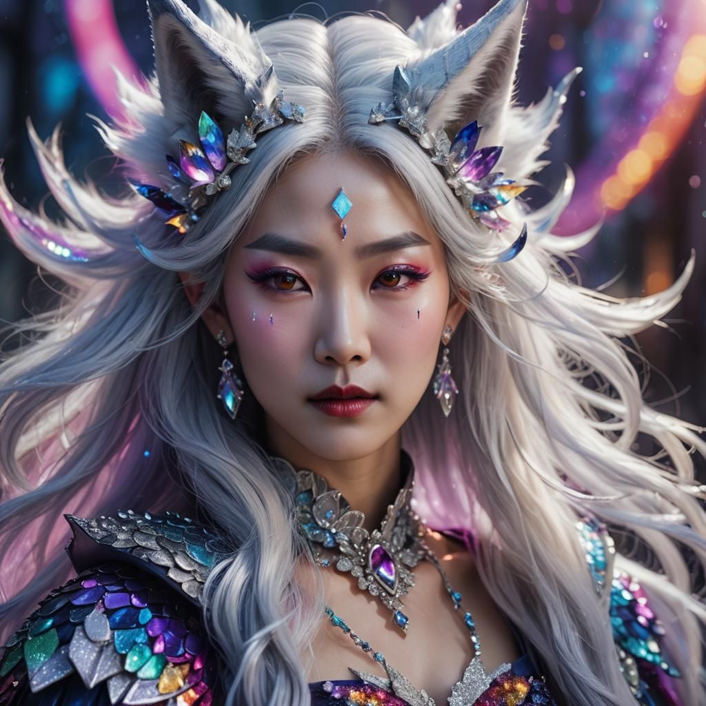 Korean Vampire Queen with Rainbow Dress in Fantasy Art