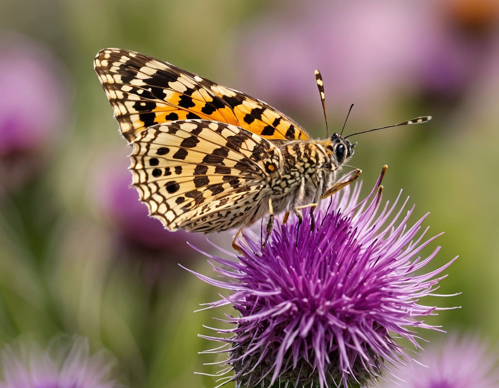 Macro Photo of Painted Lady Butterfly on Thistle