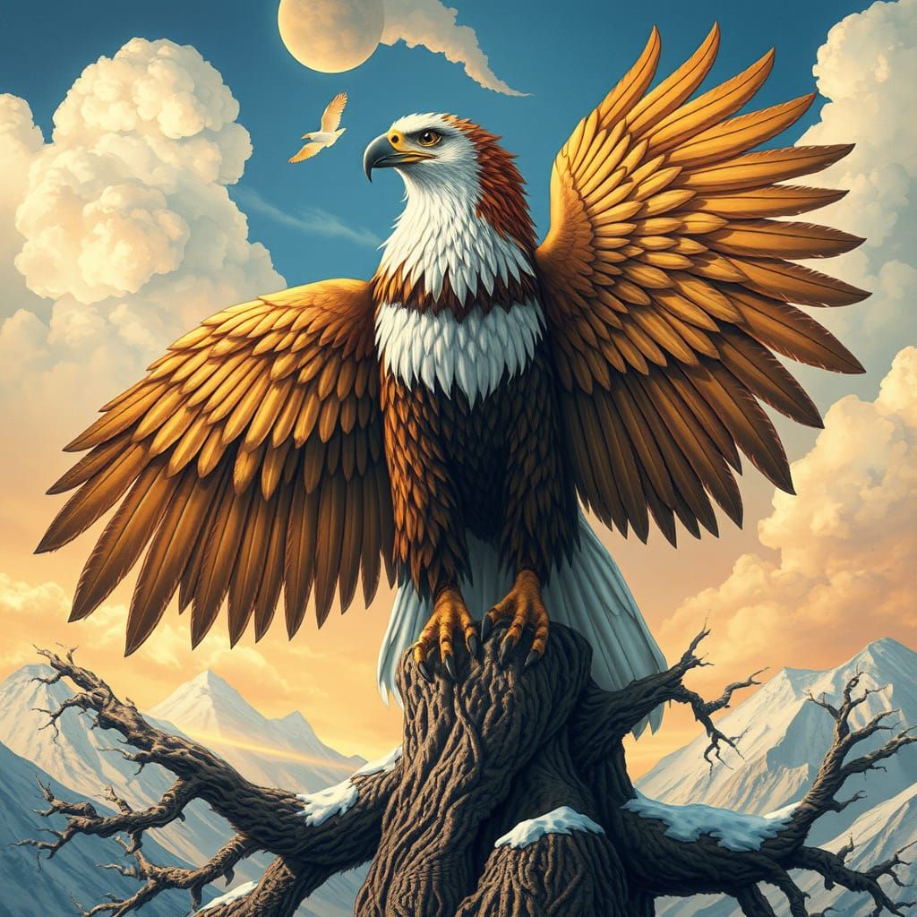 Ethereal Norse Eagle Soars on World Tree Yggdrasil in Dreaml...