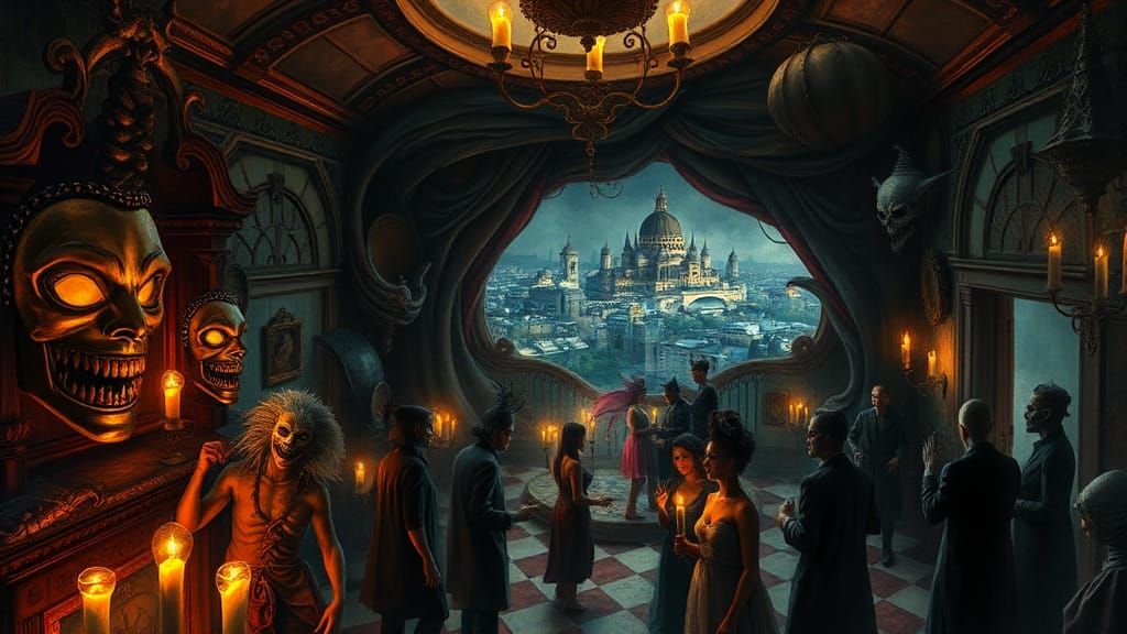 Grotesque Masquerade in Opulent, Haunted Ballroom