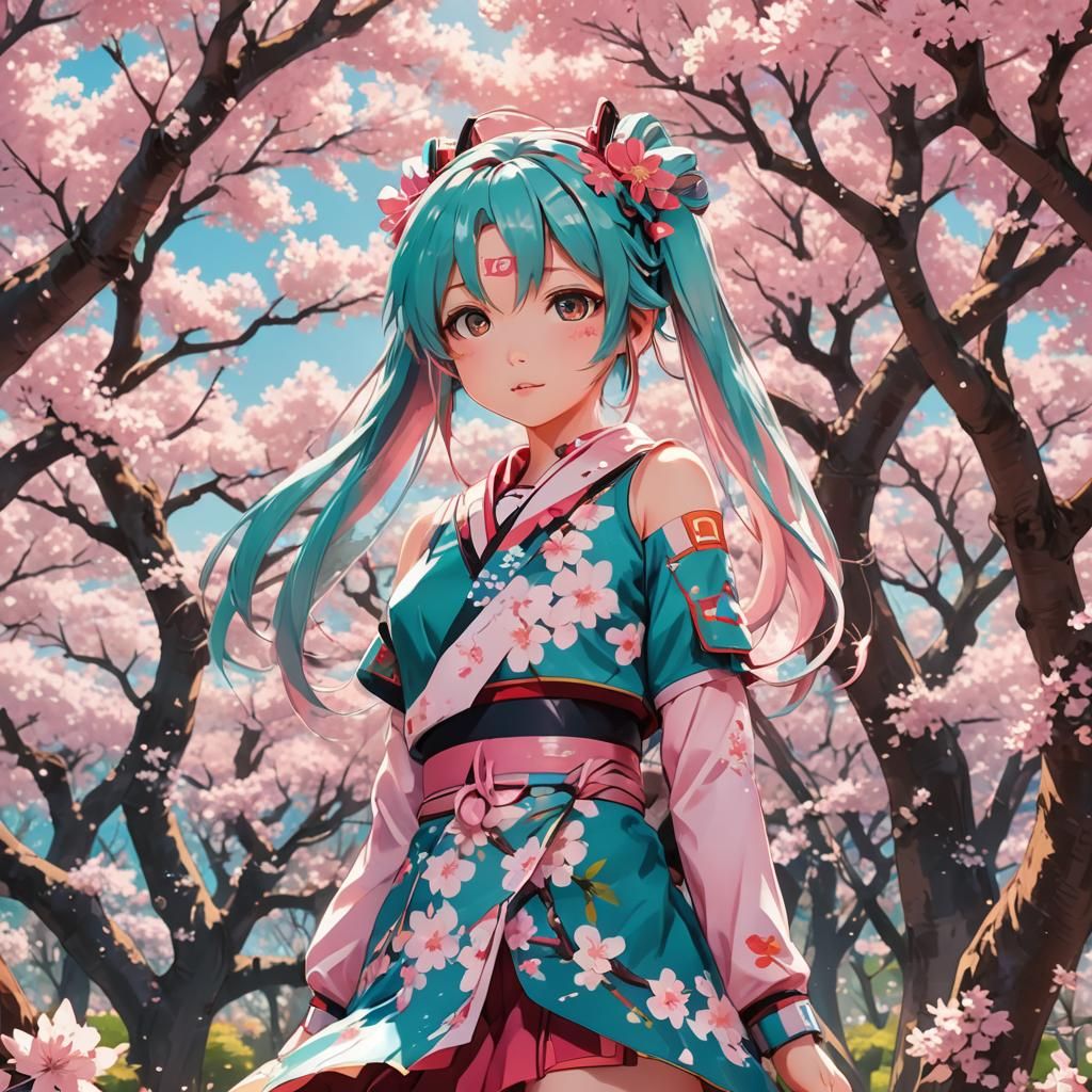 Sakura Miku in Cherry Blossom Garden: Anime Art