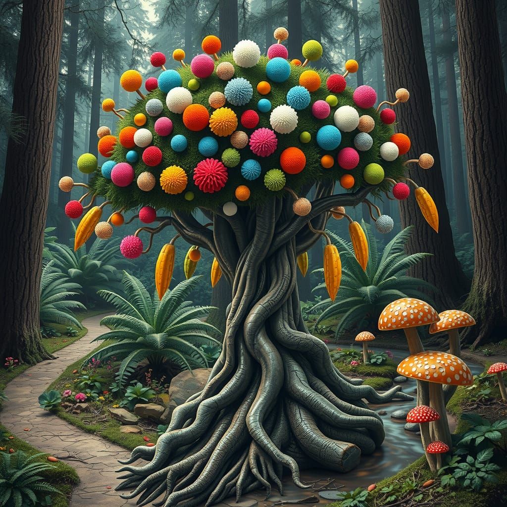Whimsical Forest: Hyperrealistic Tree with Pom Pom Foliage