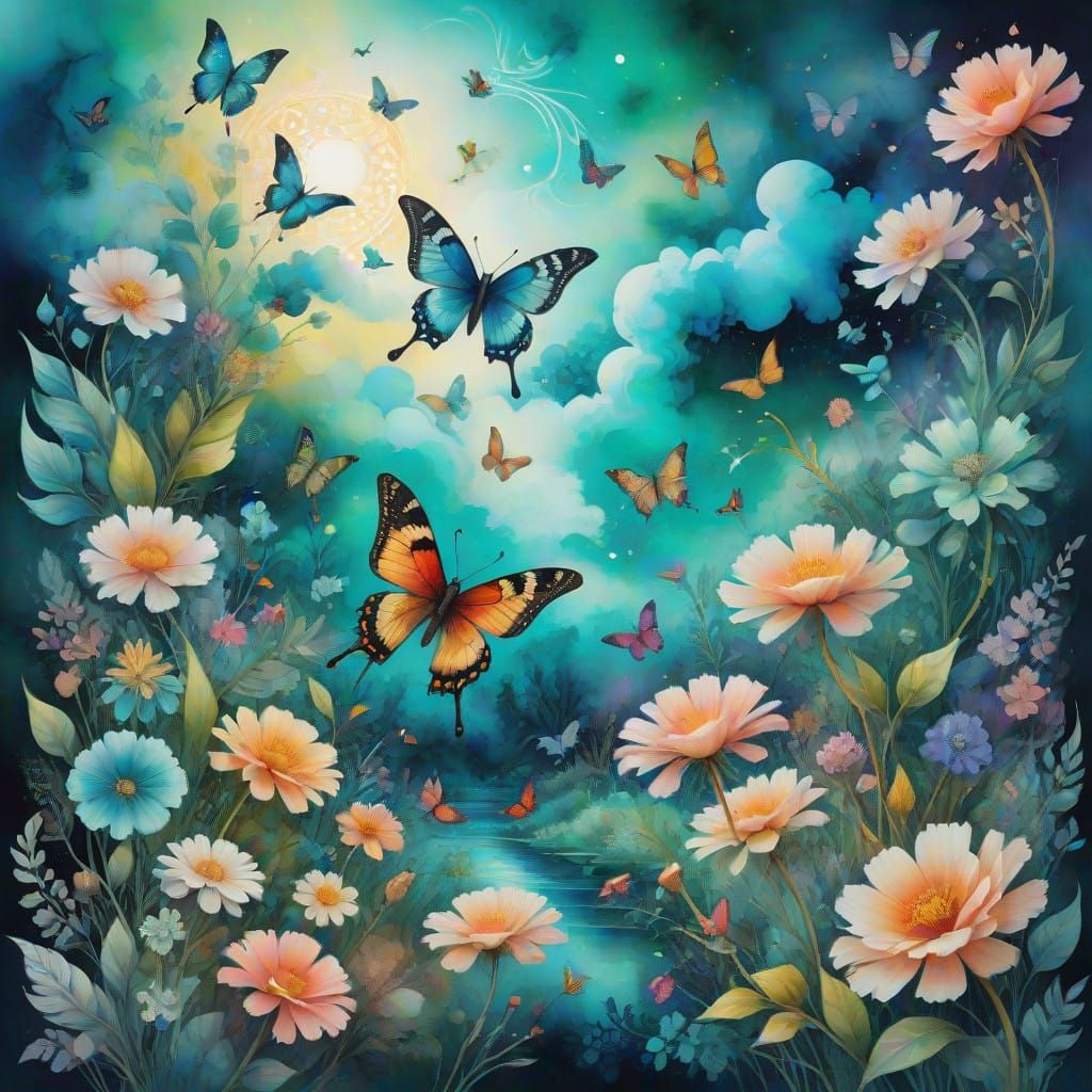 Surreal Garden Scene in Vibrant, Dreamlike Style