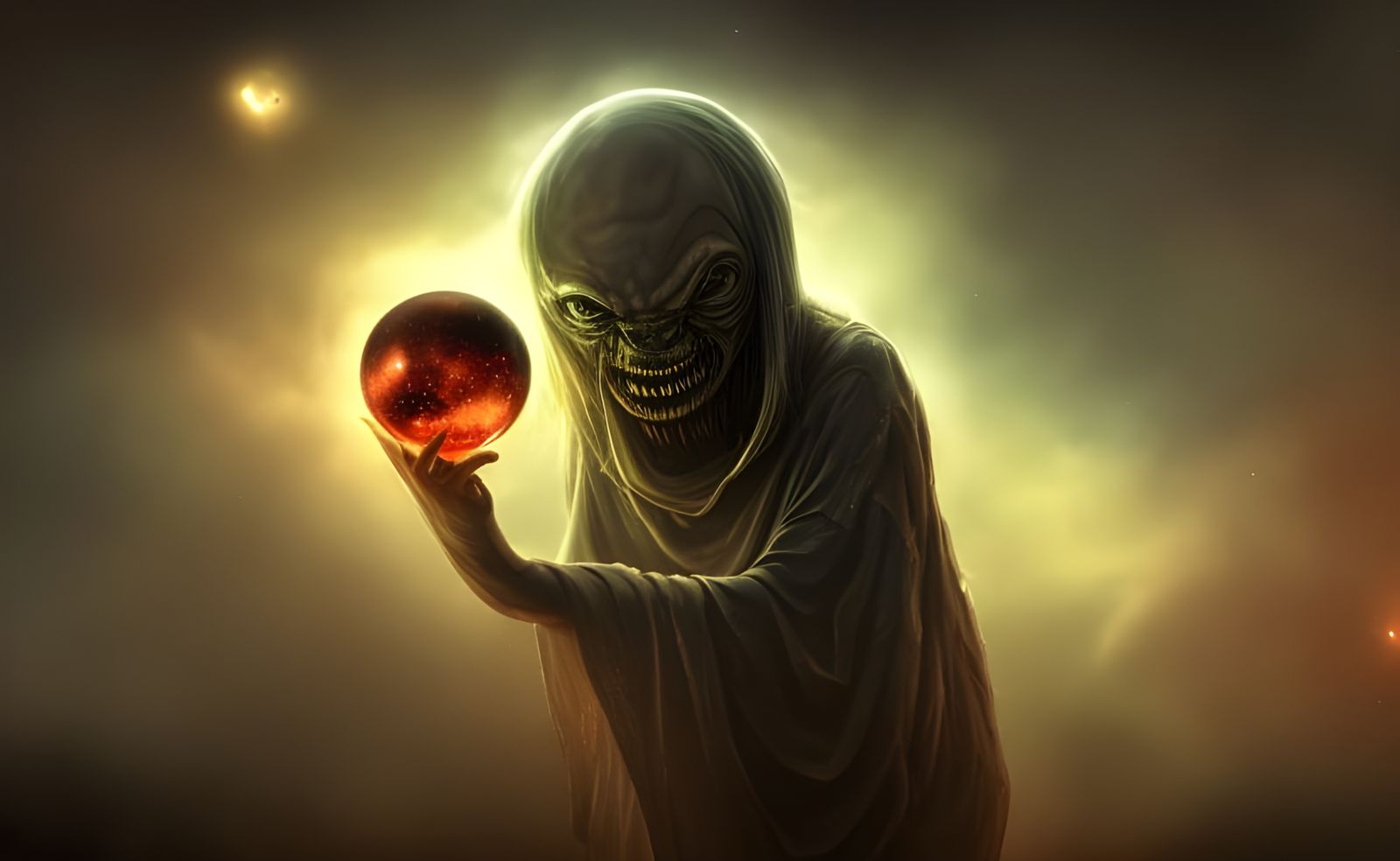 Eerie Alien Wizard Mapping Galaxy: Detailed Matte Painting