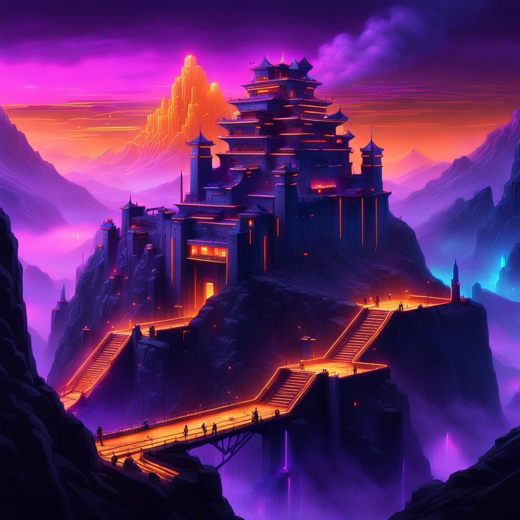 Cyberpunk Mountain Fortress in Detailed Matte Painting
