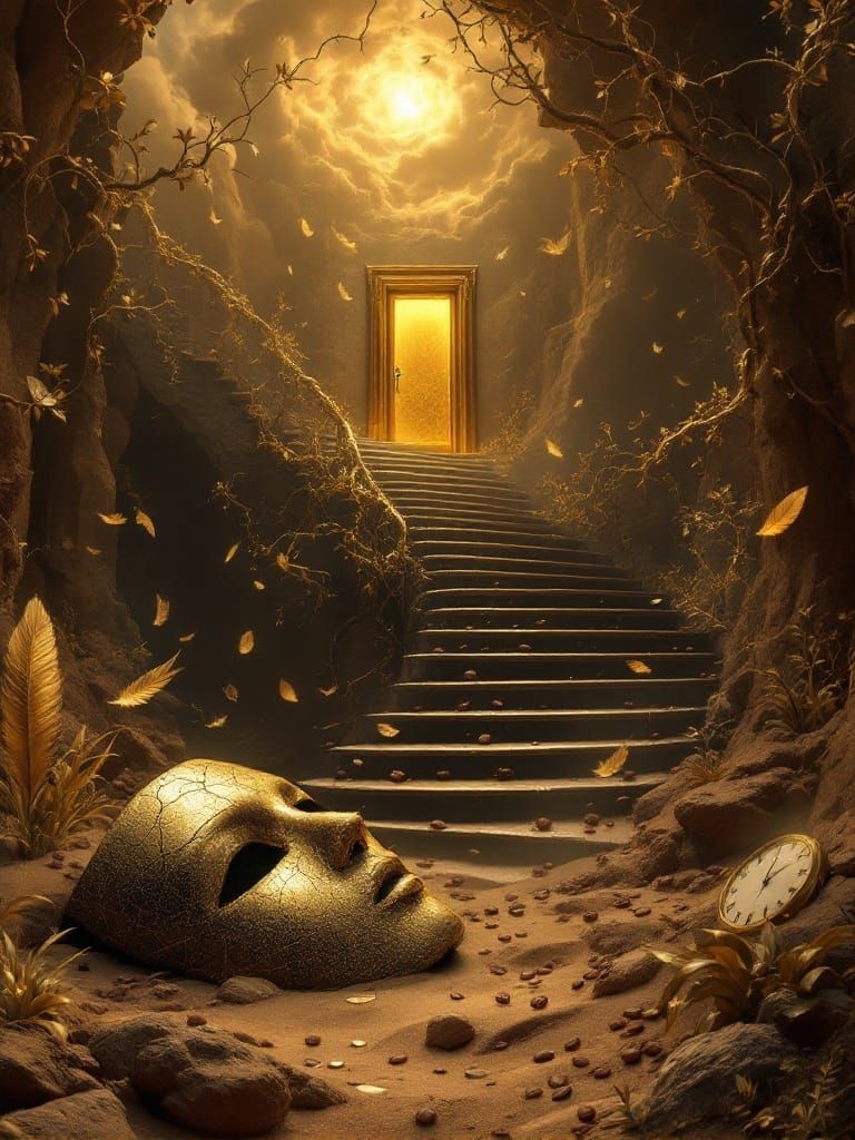 A cracked, golden mask emerges from a barren brown desert, h...