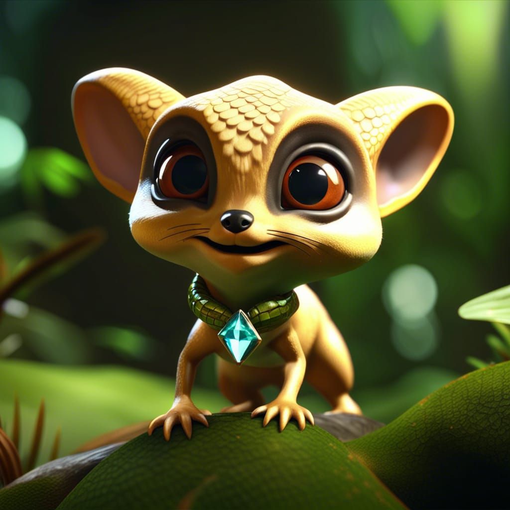 Cute Hybrid Creature in Lush Rainforest, 3D Render
