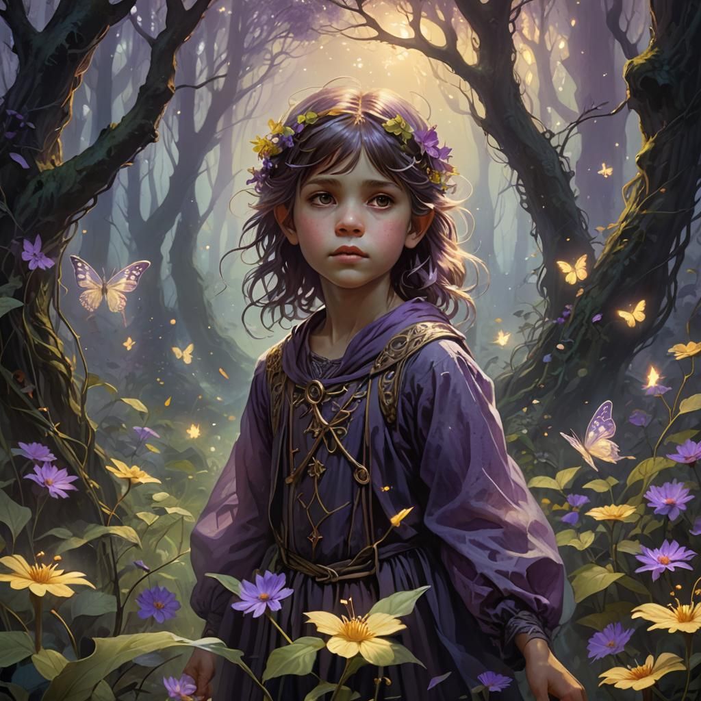 Child with Fairies in Misty Forest