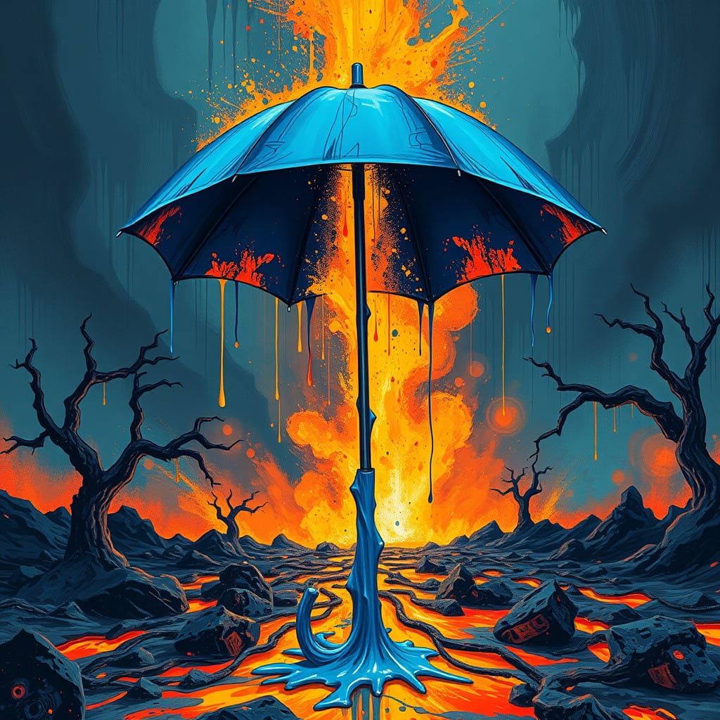 Electric Blue Umbrella Defiant Against Volcanic Fury