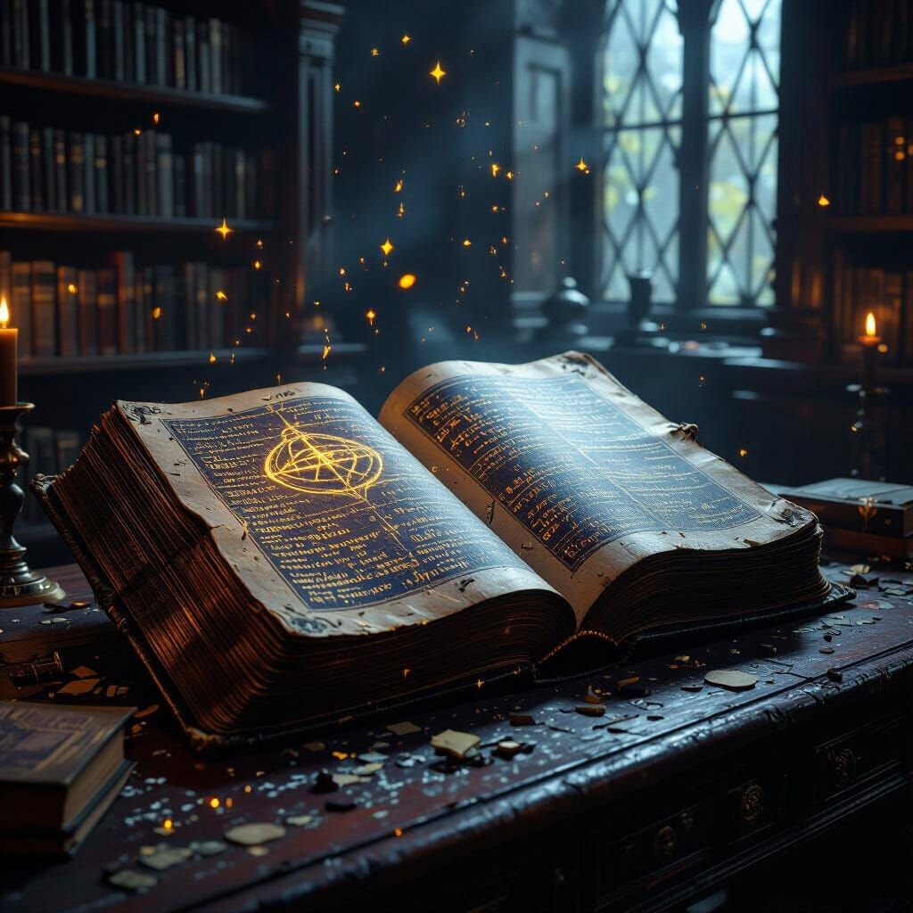 Ancient Tome with Glowing Text on Dark Library Desk