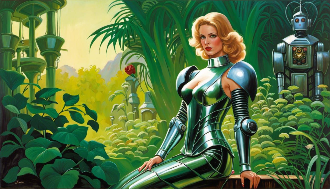 Robot Woman in Cybernetic Garden: Oil Painting