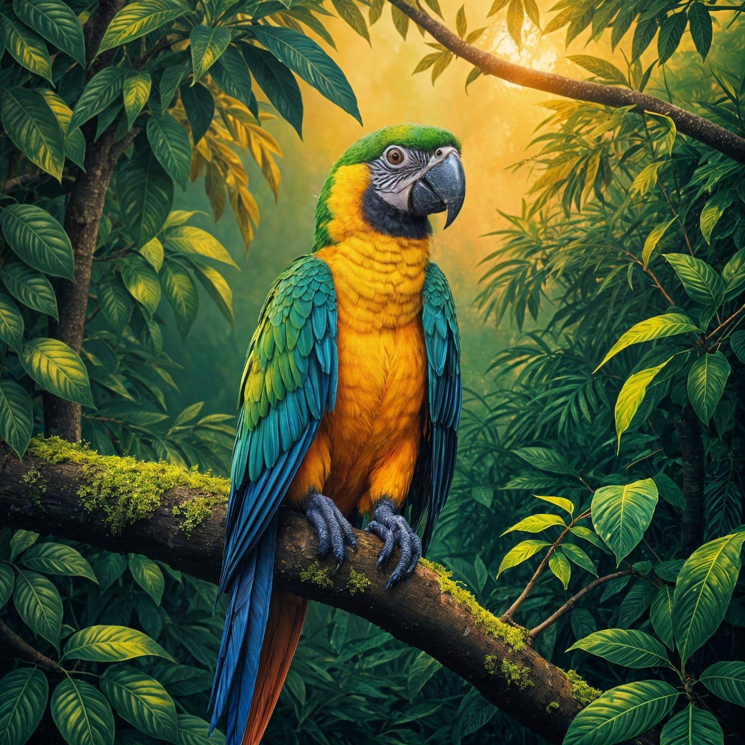 Vibrant Tropical Parrot Soars Through a Lush Rainforest in a...