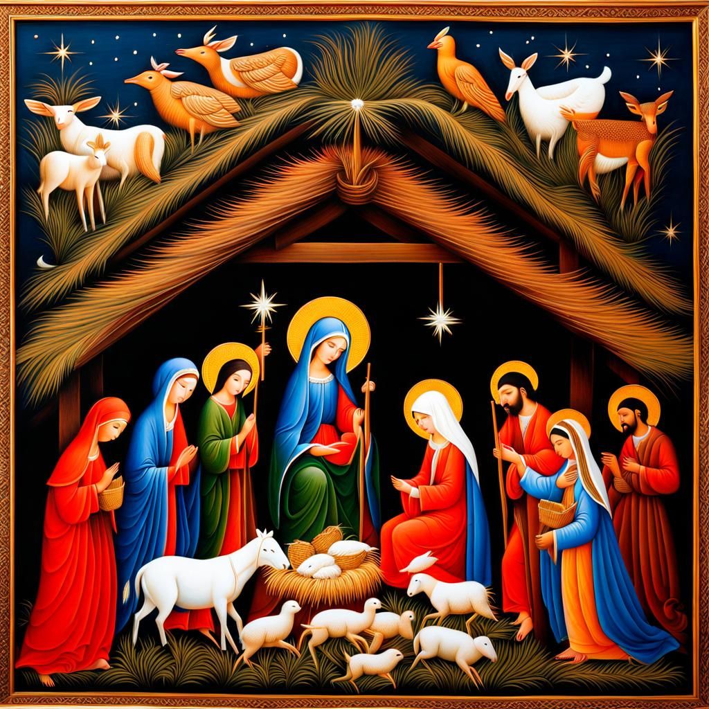 Vibrant Nativity Scene in Folk Art Style