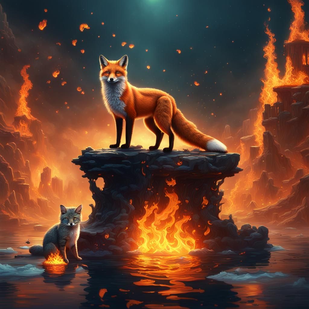 Fiery Fox and Floating Cat: Fantasy Concept Art