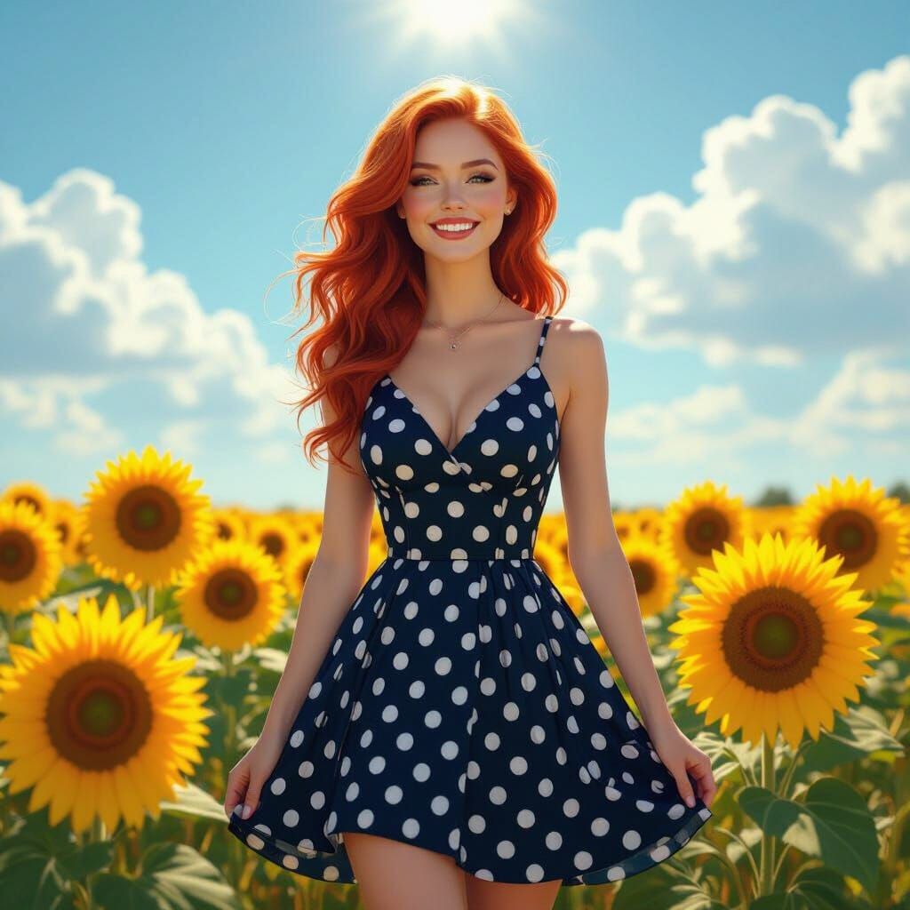 Hyperrealistic Redhead in Sunflower Field Portrait