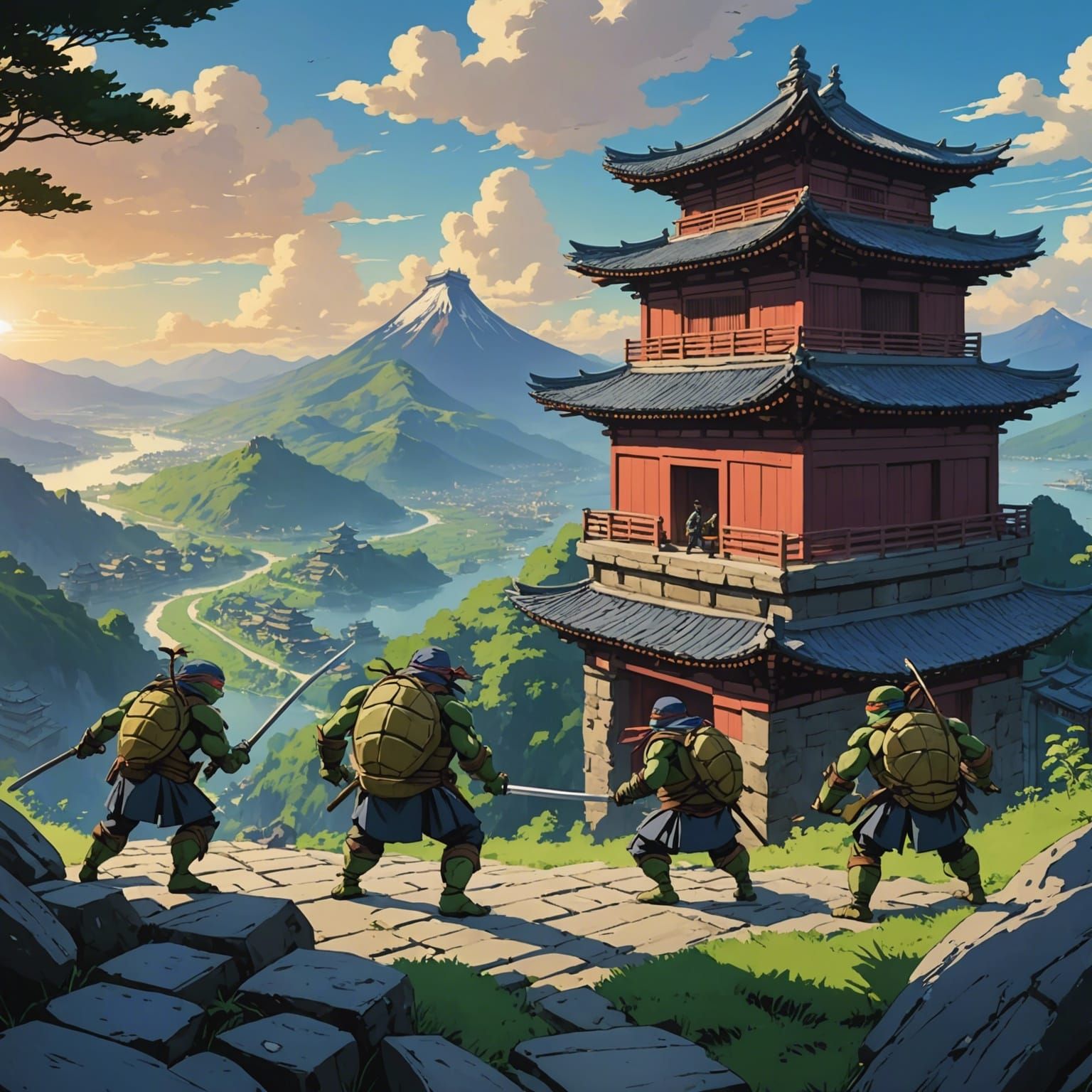 Ninja Battle on Mountaintop in Studio Ghibli Style