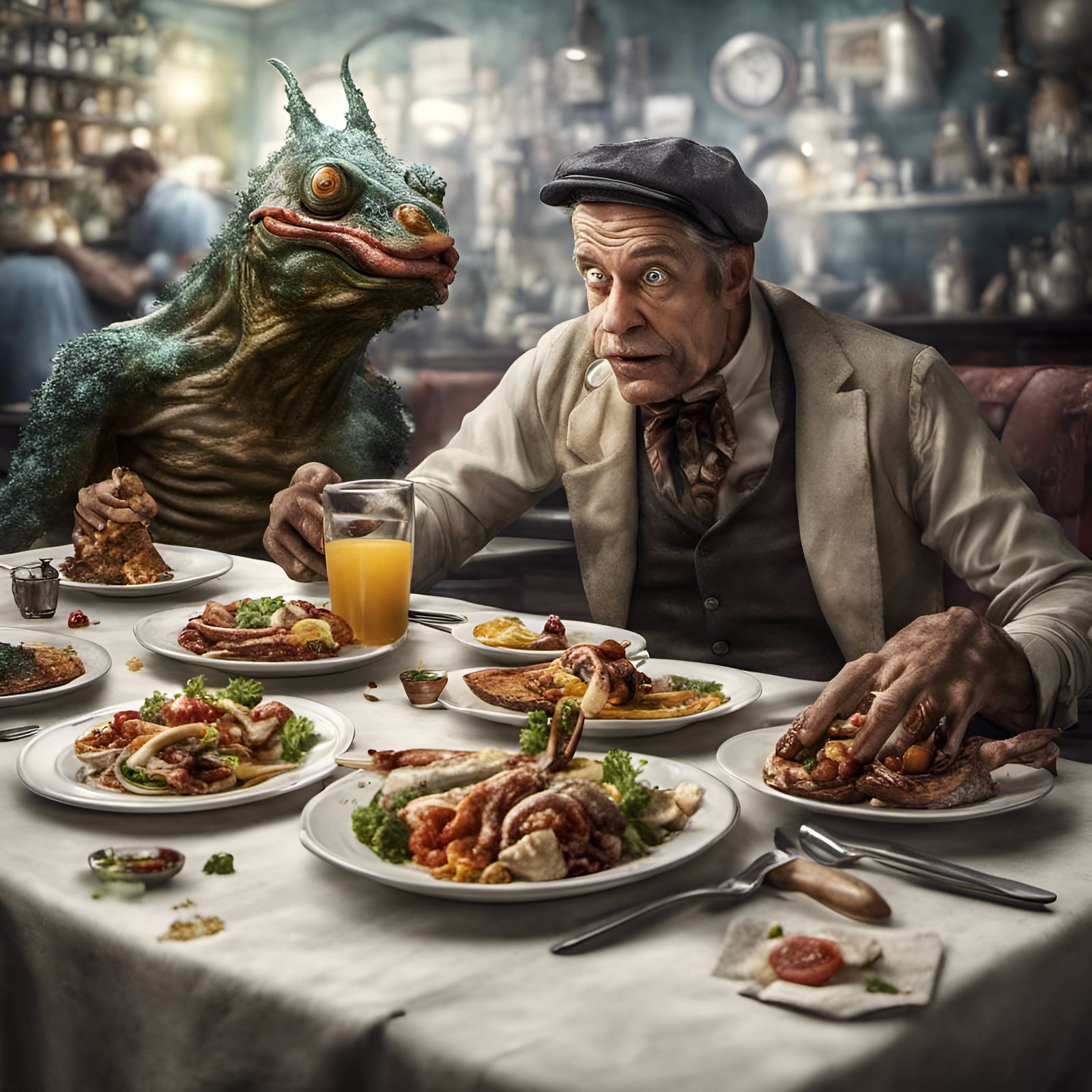 Hybrid Man's Bizarre Feast: Photorealistic Alien Fine Dining