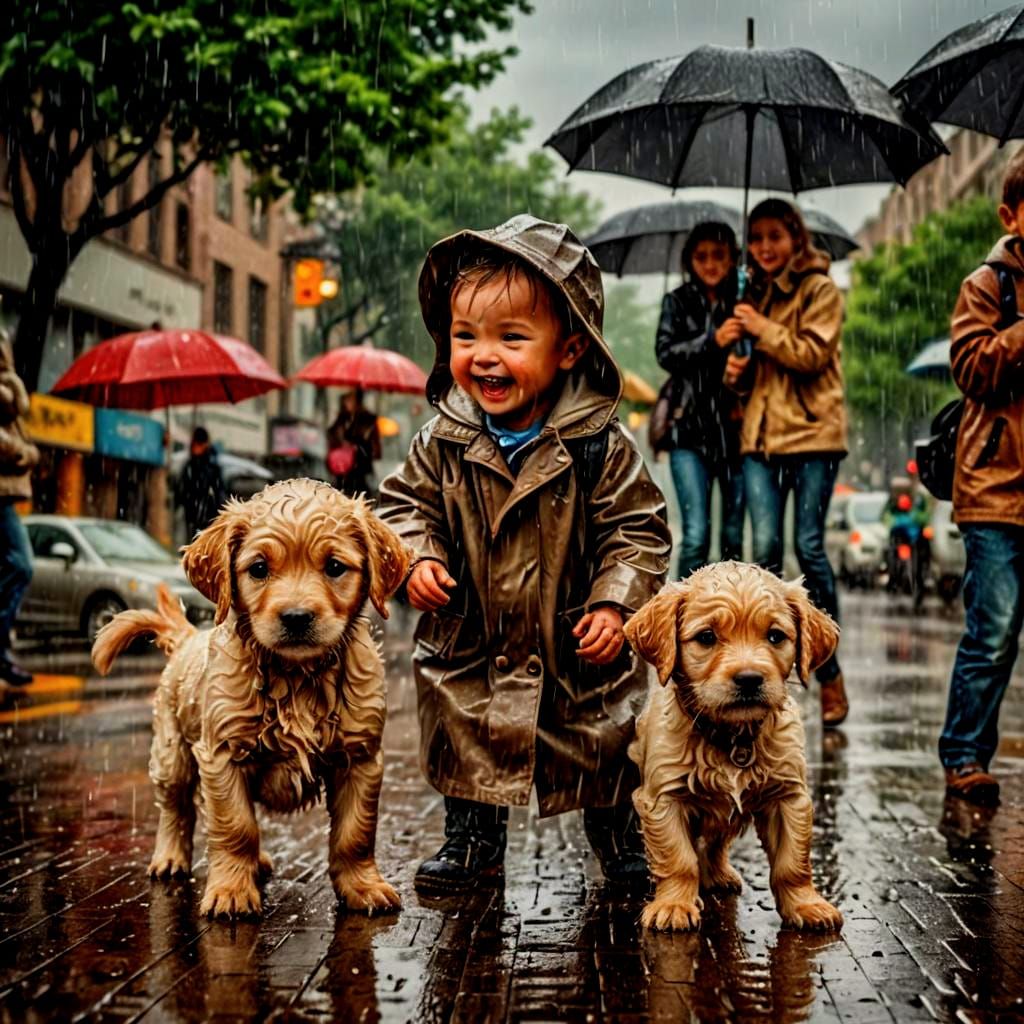 Happy Babies and Puppies Playing in the Rain