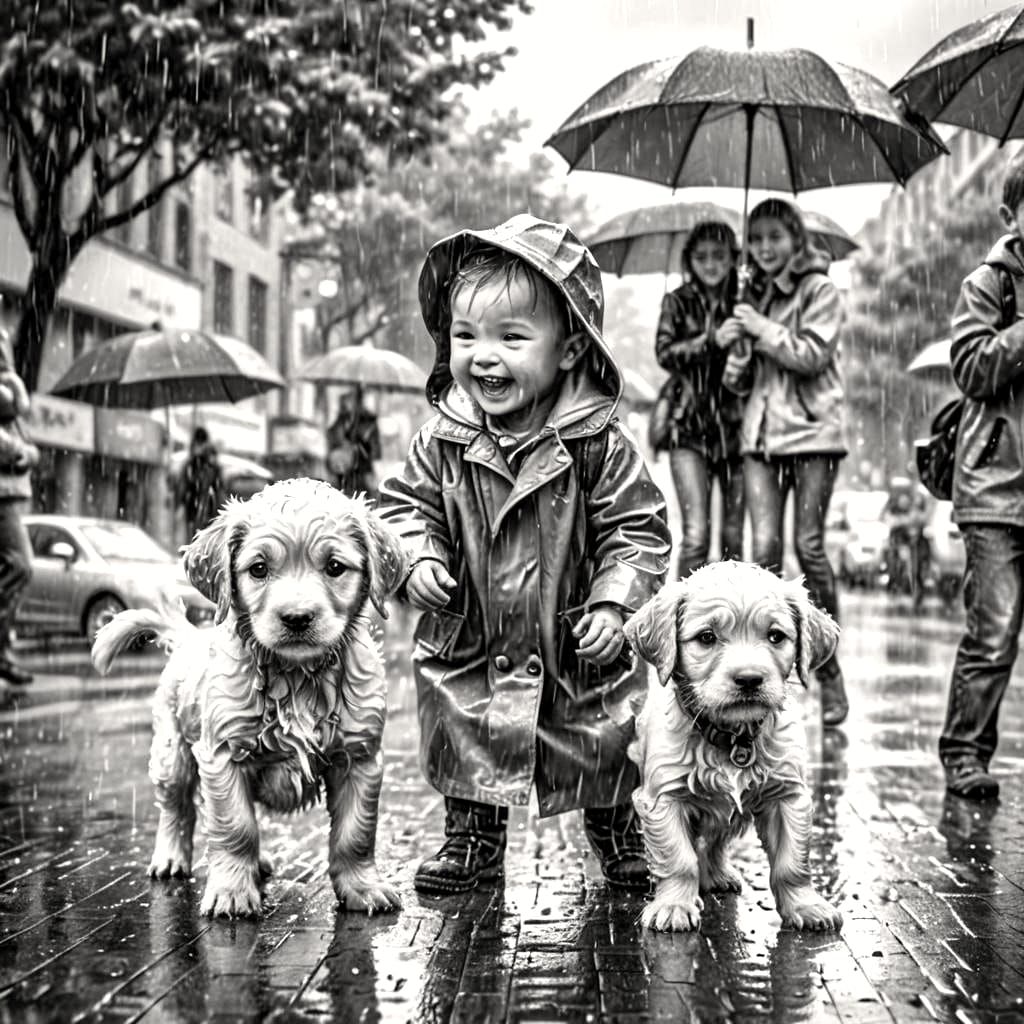 Happy Babies Playing with Puppies in the Rain