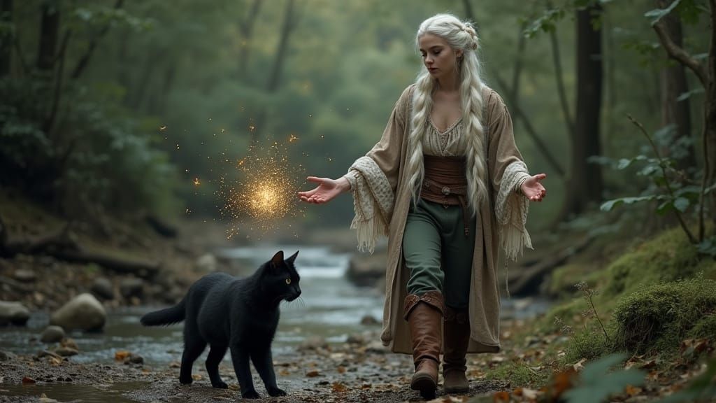 Mystical Woman with Cat in Forest, Cinematic Film Still