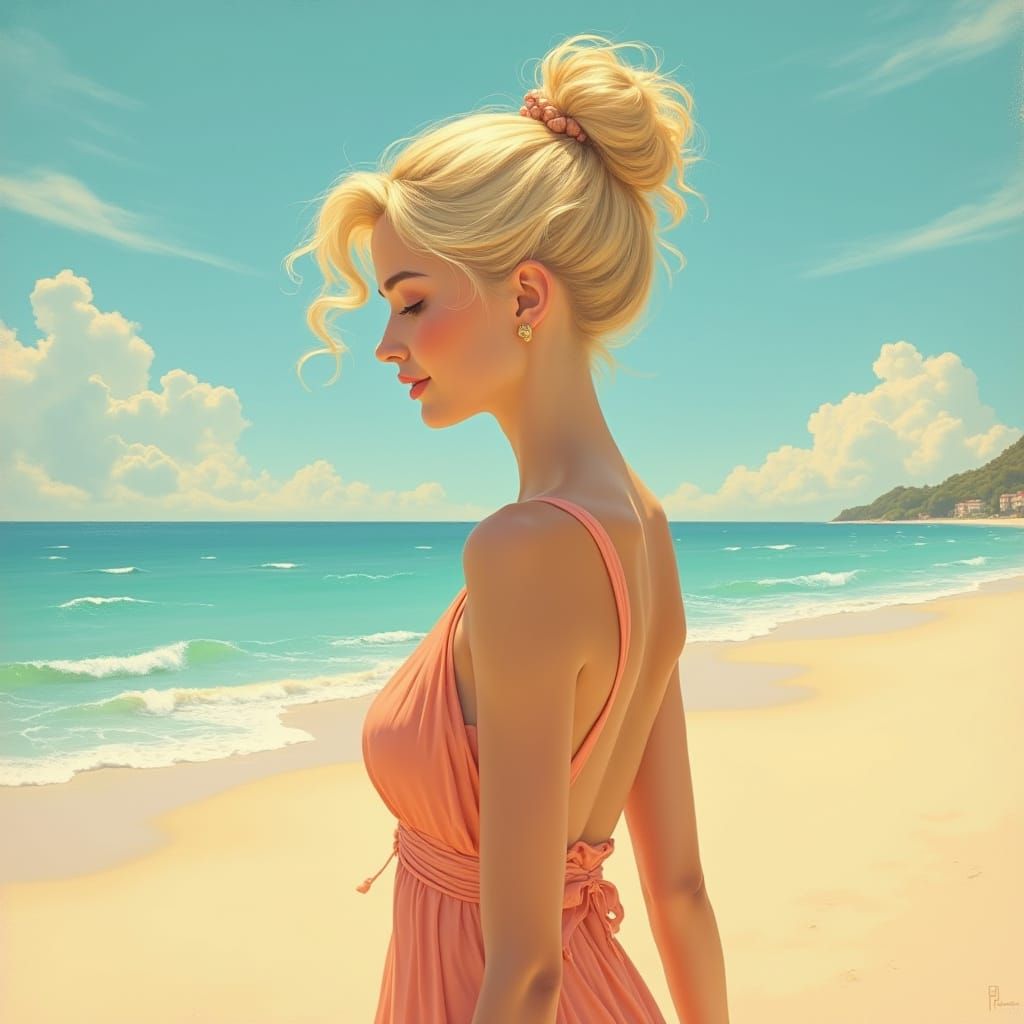 Woman in Rainbow Dress on Beach, Hyperrealistic Style