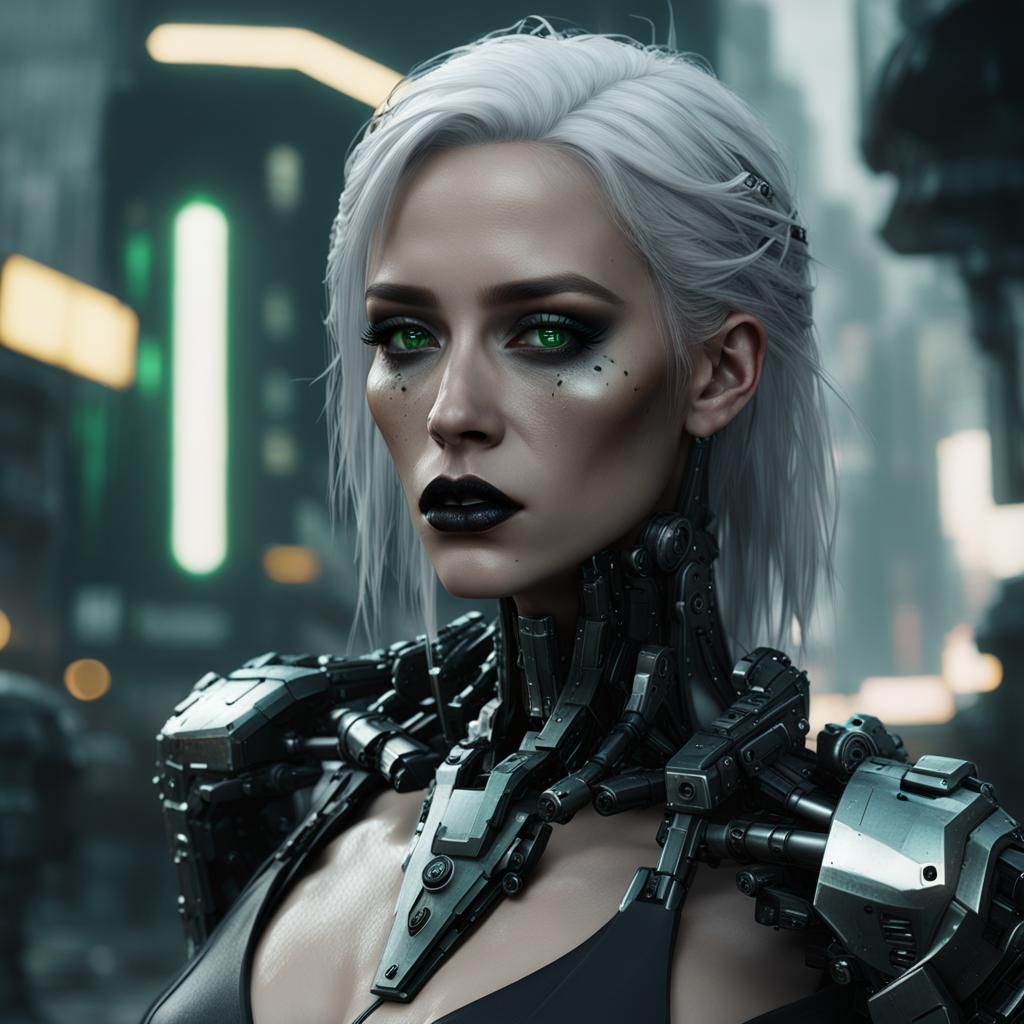 Dystopian Beauty: Pale Woman in Rainy, Futuristic City