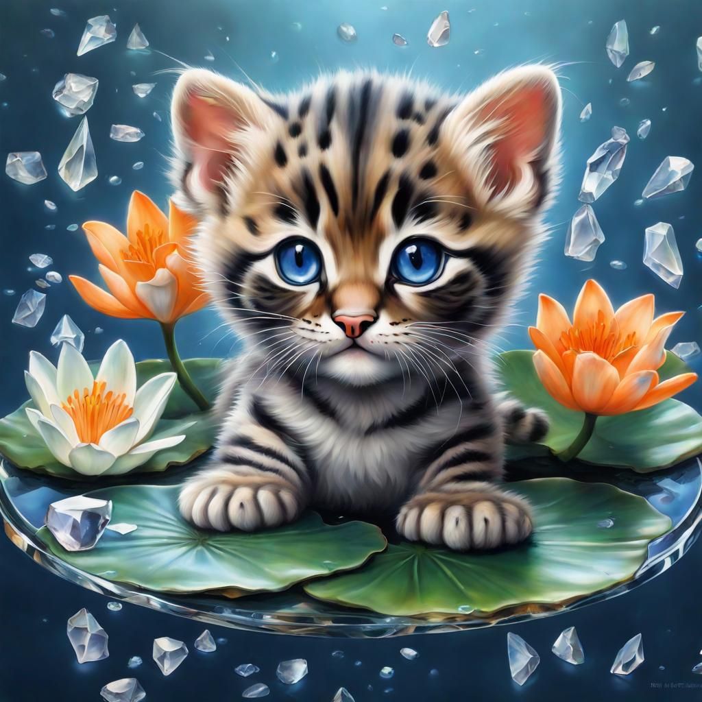 Photorealistic Baby Asian Fishing Cat on Lily Pad