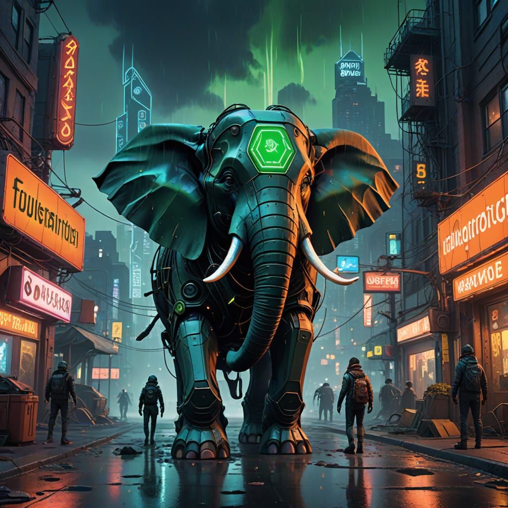 Cybernetic Elephant in Futuristic Cityscape