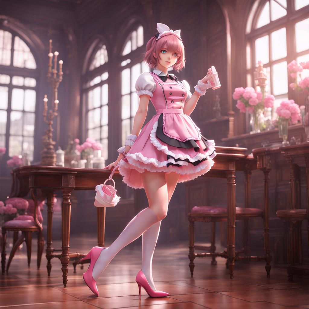 Anime Girl in Pink French Maid Outfit