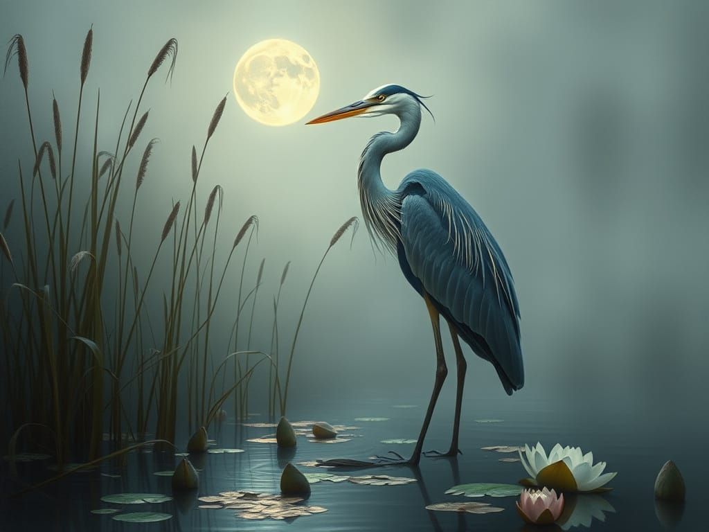 Majestic Heron in Misty Wetland Landscape