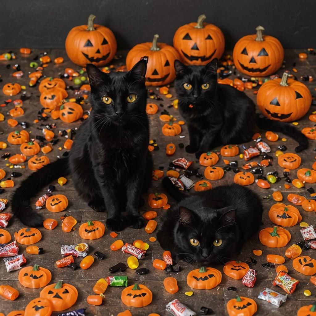 Black Cat Surrounded by Halloween Candy
