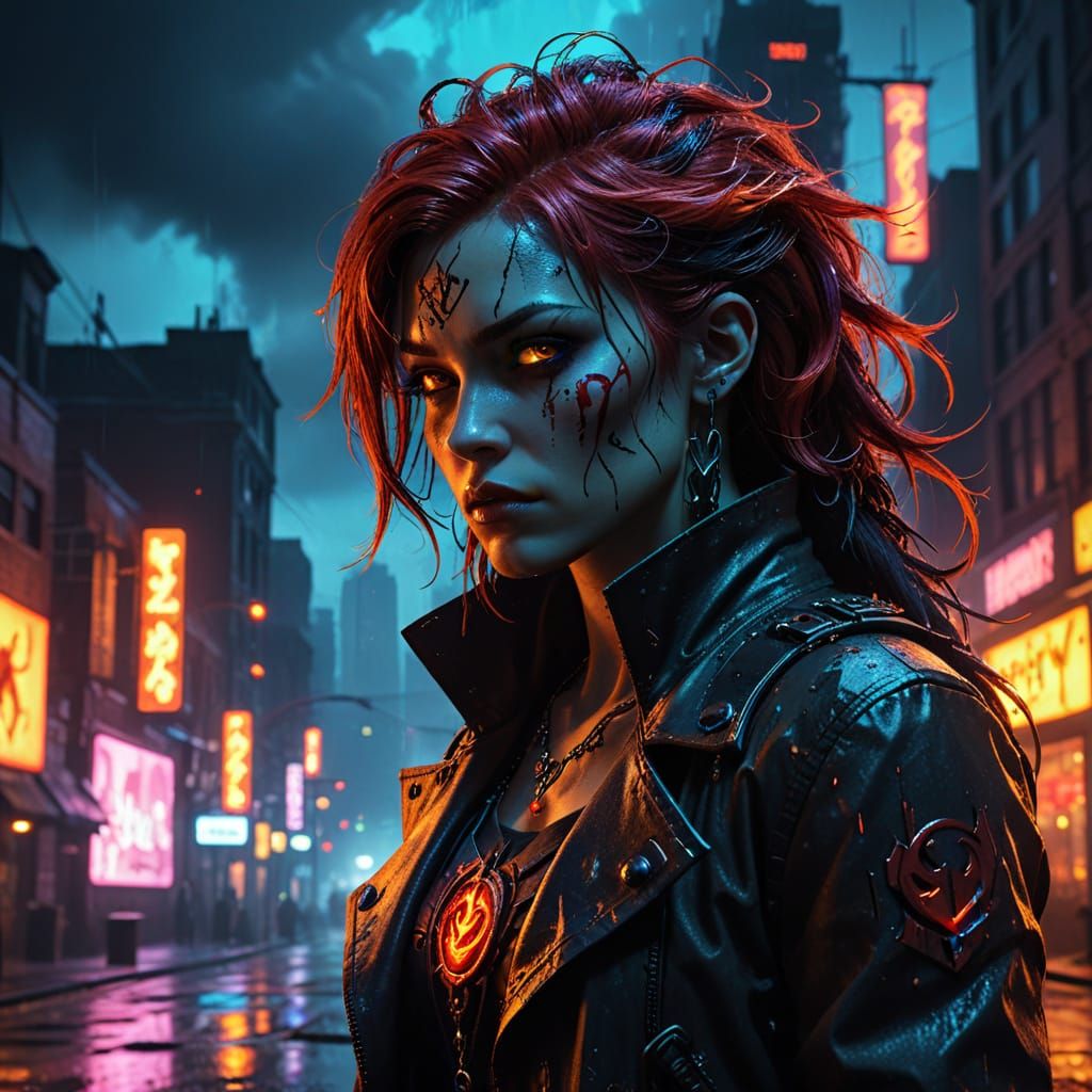 Gothic Aetherpunk Goddess, Silhouetted Against Neon Cityscap...