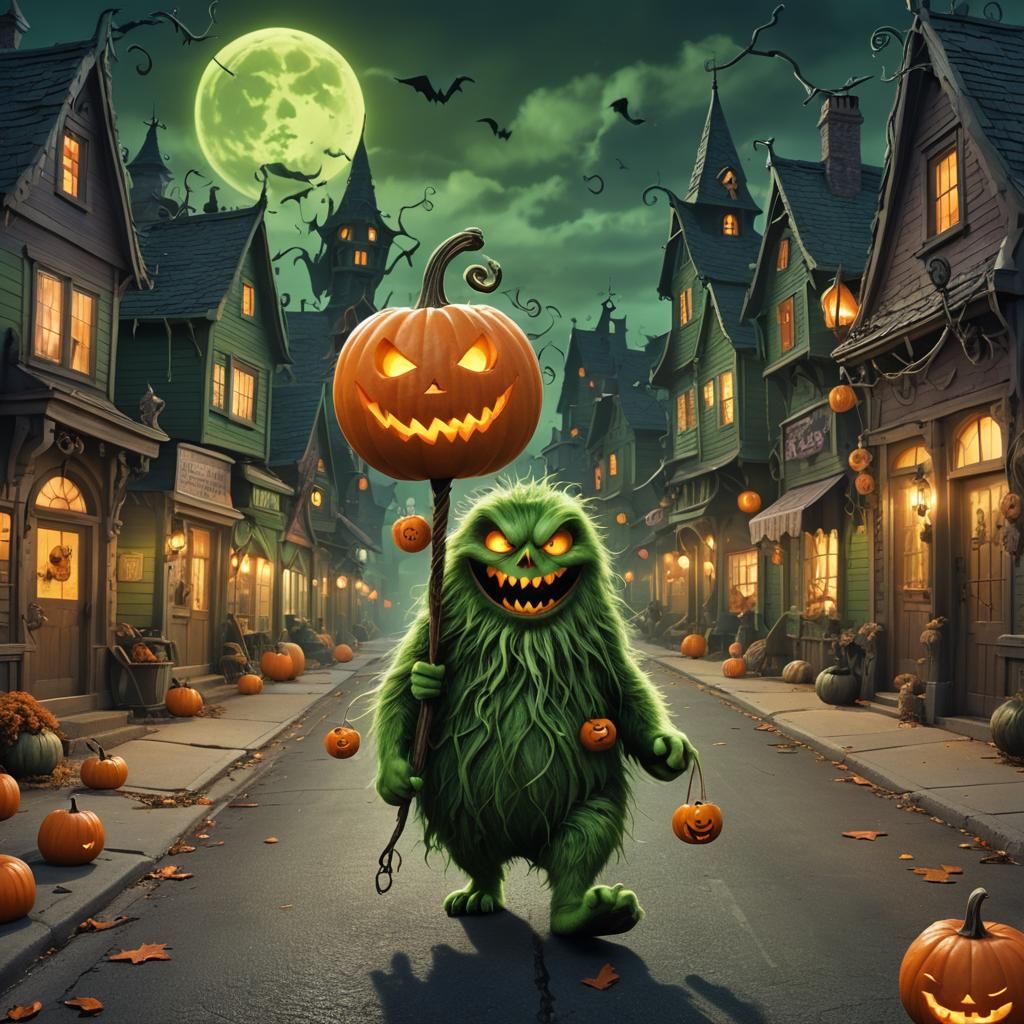 Green Creature Walks Spooky Street in Fantasy Matte Painting