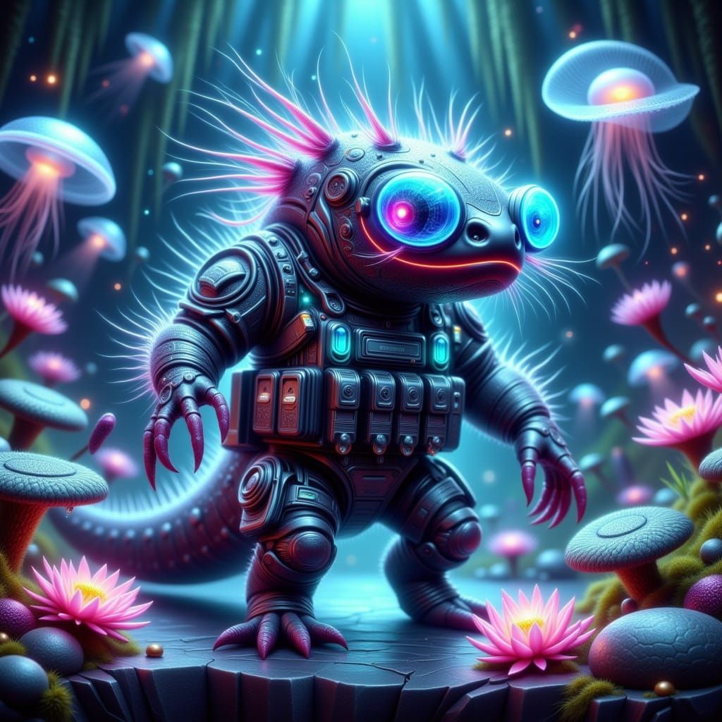 Cyberpunk Axolotl Hero in Neon-Lit Aquarium