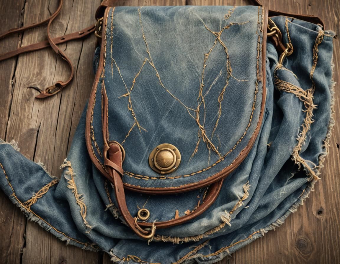 Distressed Denim Purse on Vintage Wooden Table