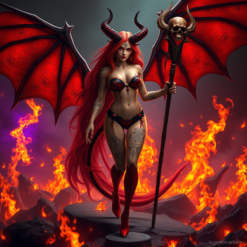 Female Devil with Tattoos and Fiery Wings