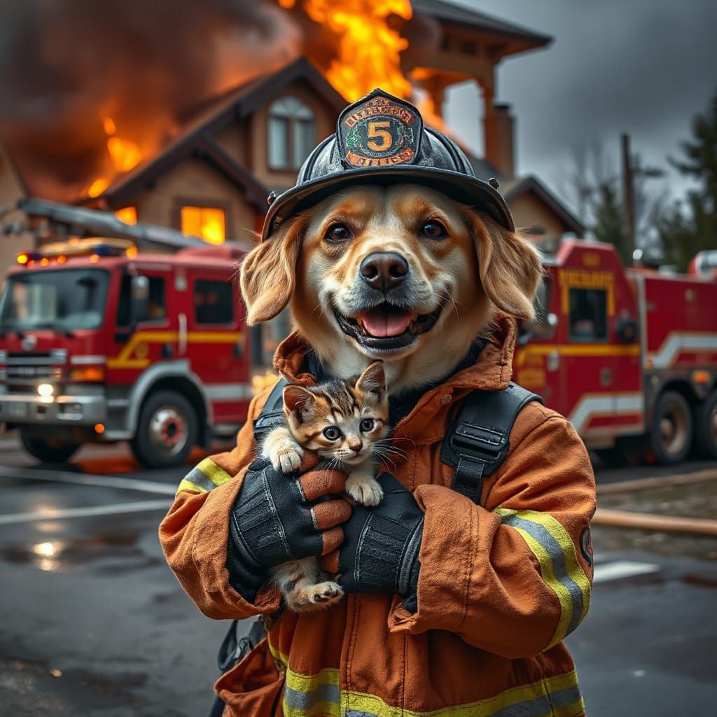 Firedog Rescues Kitten Amidst Burning House Scene