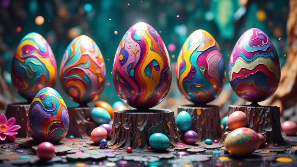 Biomorphic Easter Eggs on Twisted Pedestals in Hyperrealisti...